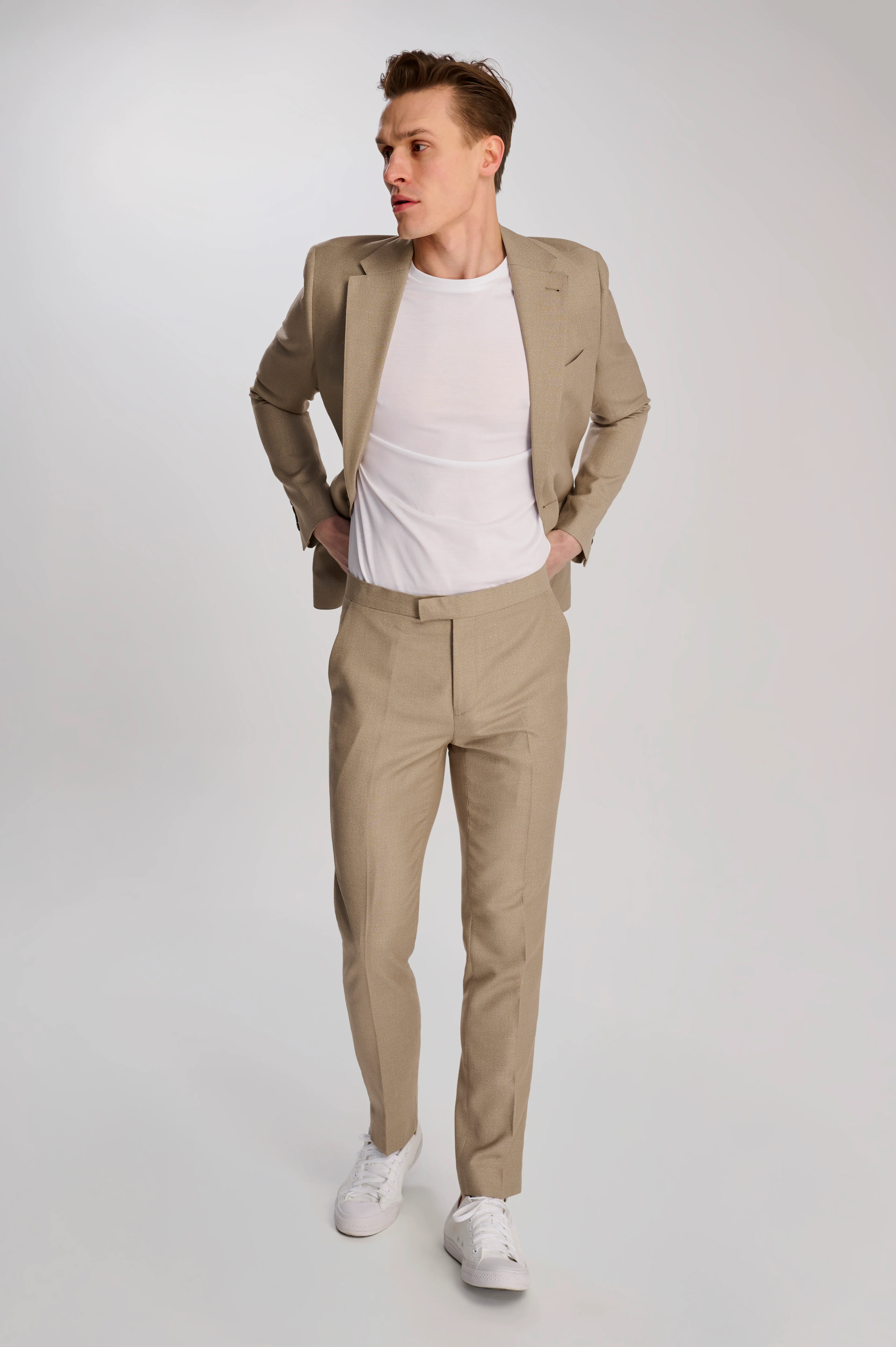 Archie Melange Slim Fit Suit Trousers in Beige - Image 5
