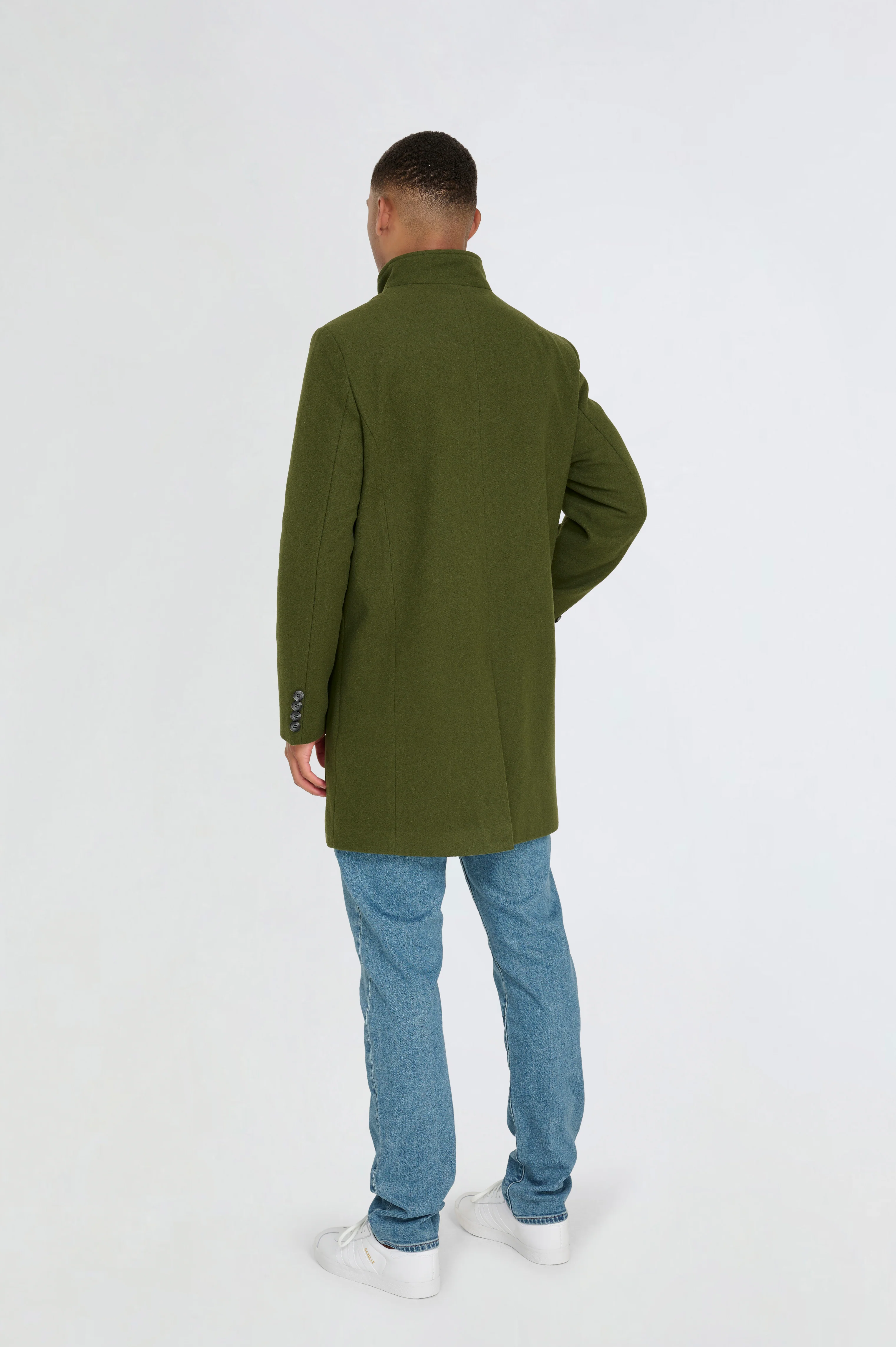 George Wool Melton Coat with Funnel Neck in Khaki - Image 3