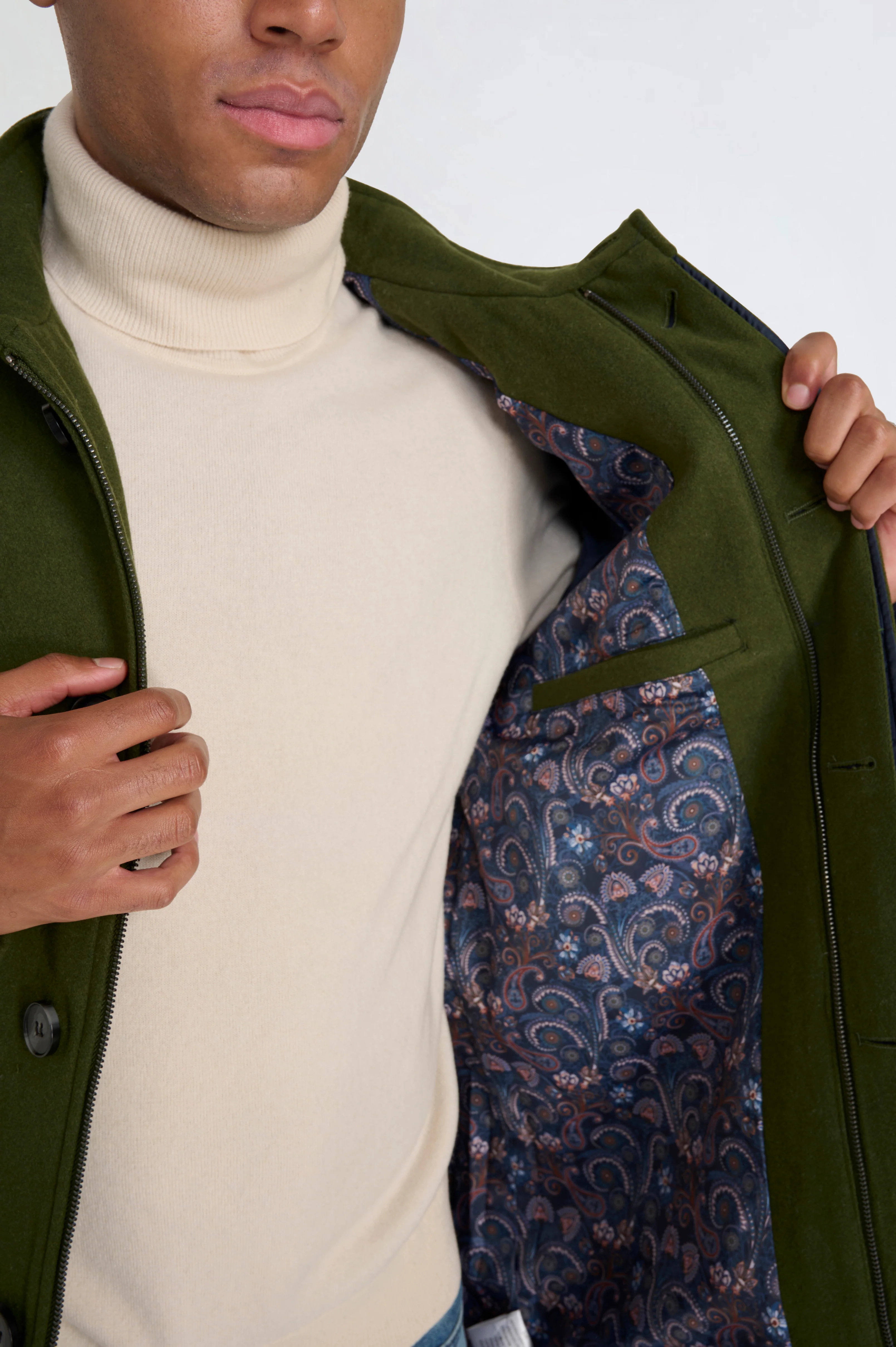 George Wool Melton Coat with Funnel Neck in Khaki - Image 4