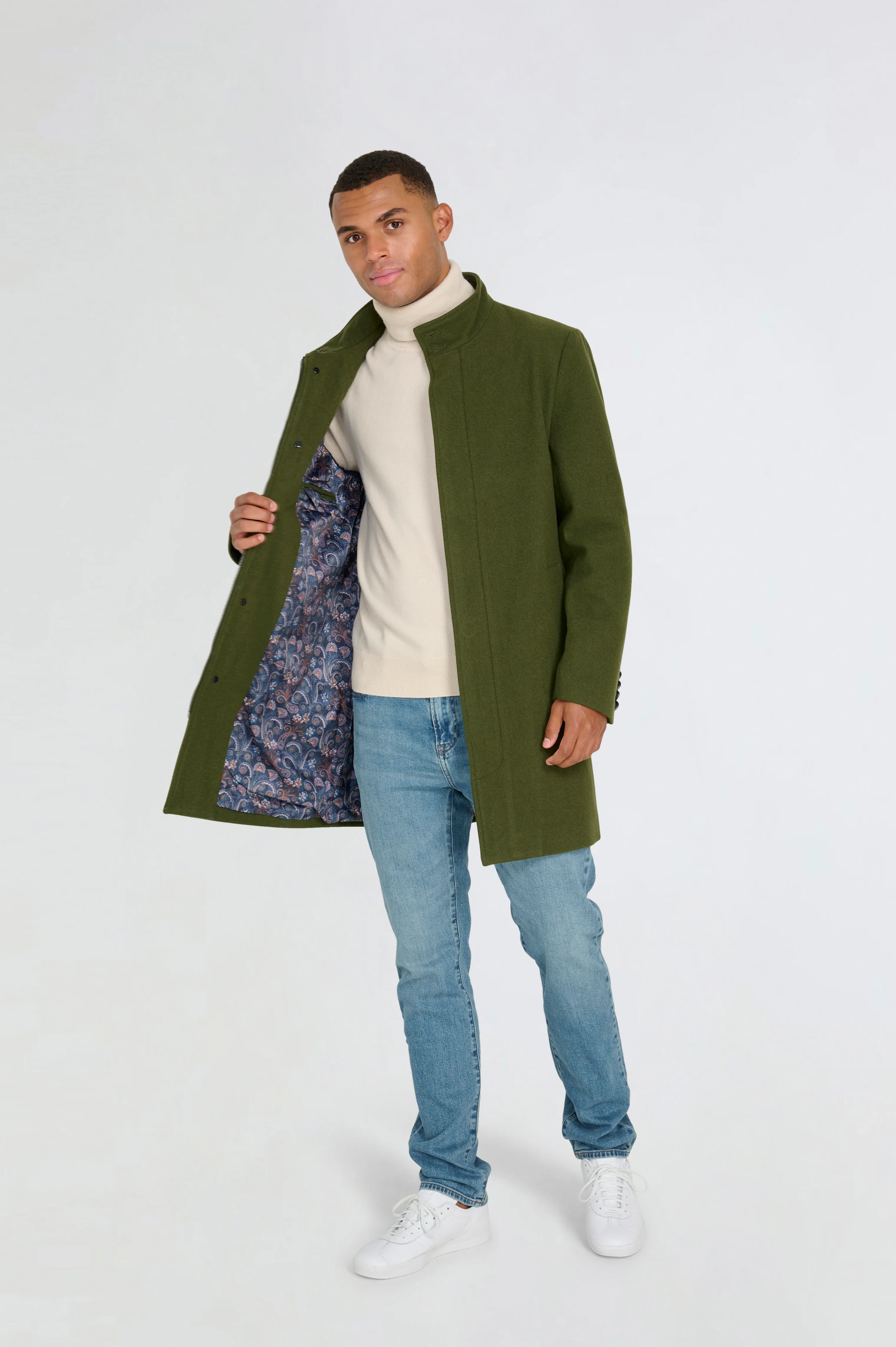 George Wool Melton Coat with Funnel Neck in Khaki - Image 5
