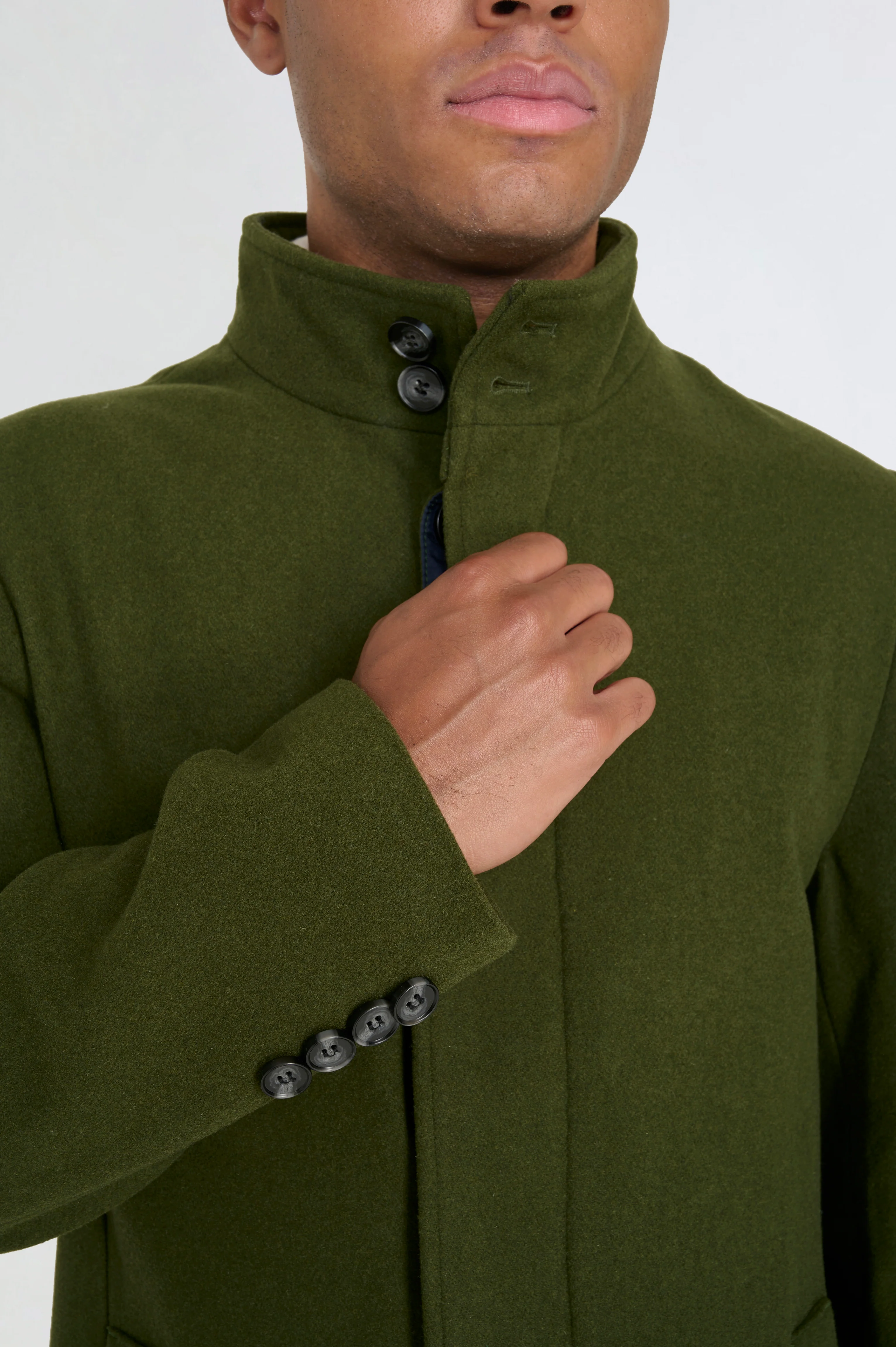 George Wool Melton Coat with Funnel Neck in Khaki - Image 6
