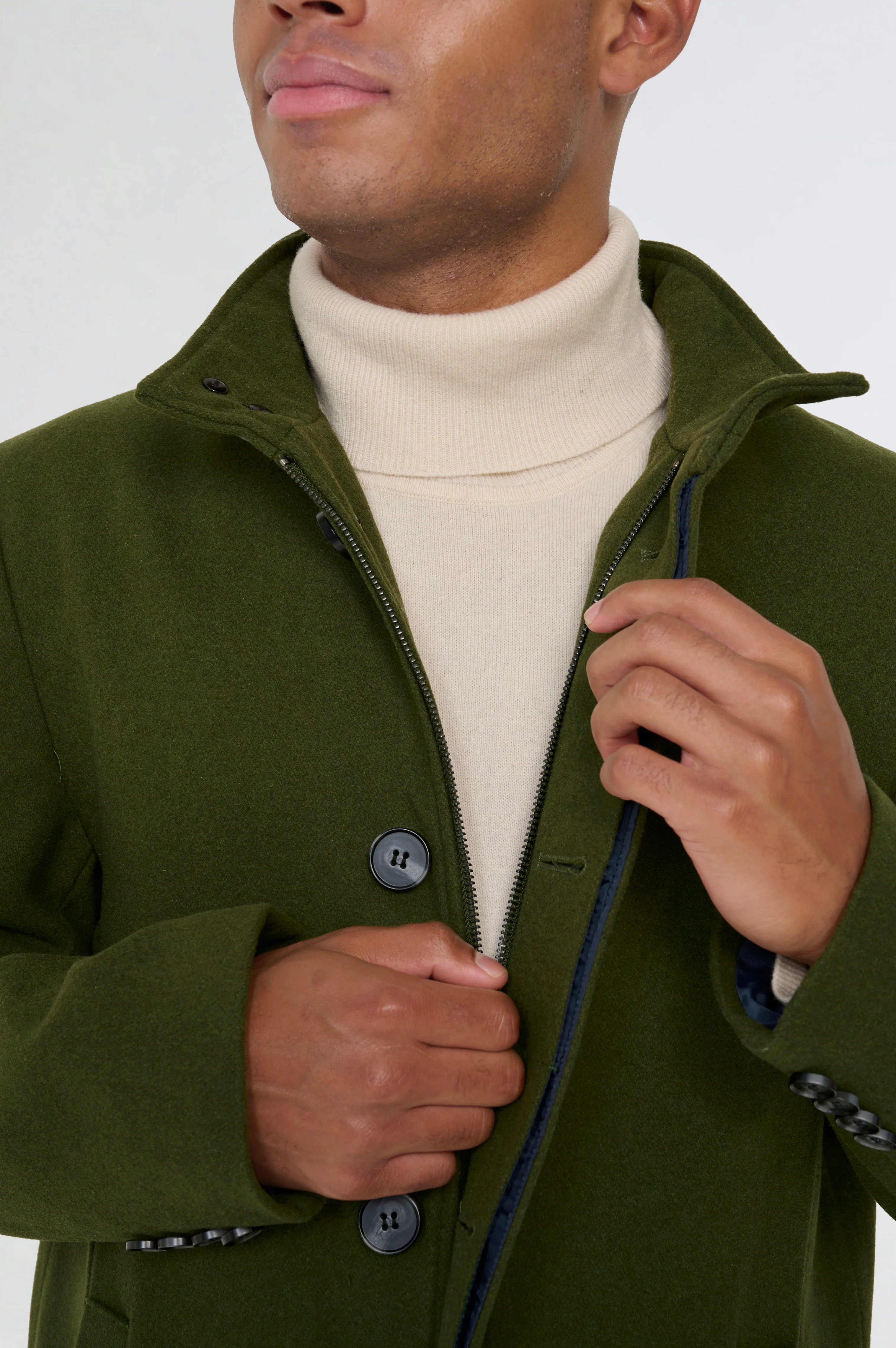 George Wool Melton Coat with Funnel Neck in Khaki - Image 7