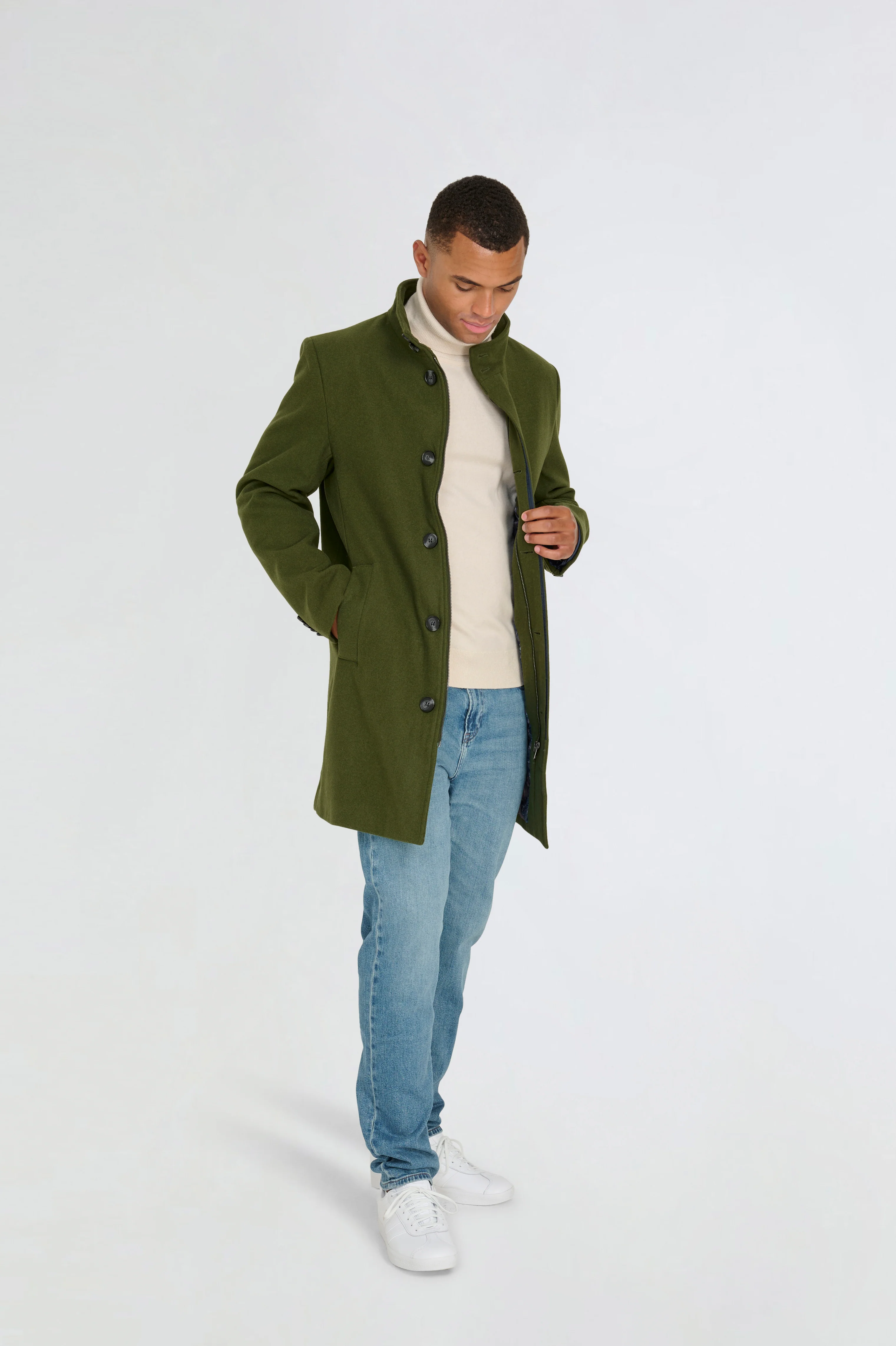 George Wool Melton Coat with Funnel Neck in Khaki - Image 8