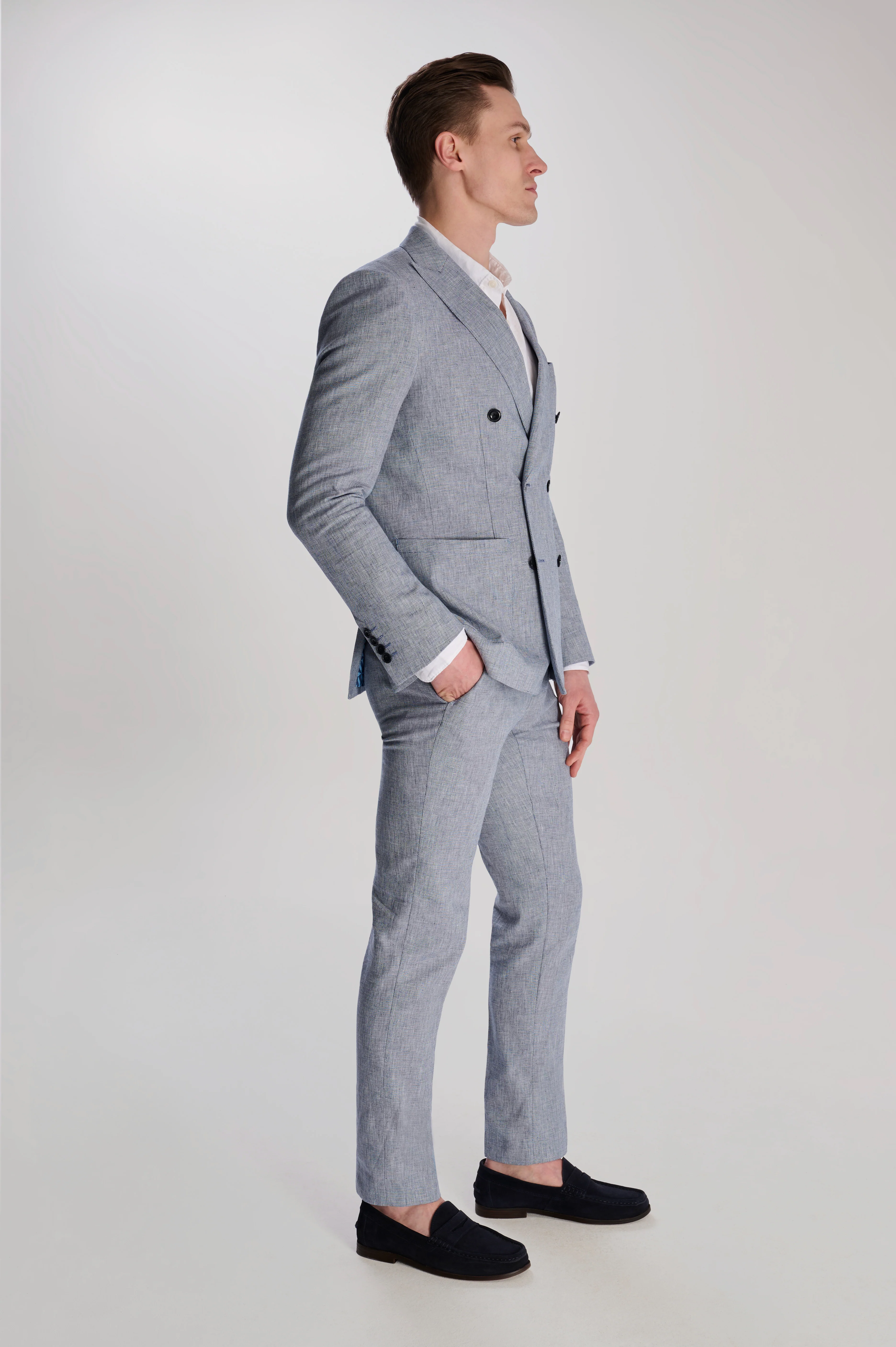 Giacomo Cotton Linen Double Breasted Suit Jacket in Chambray - Image 3