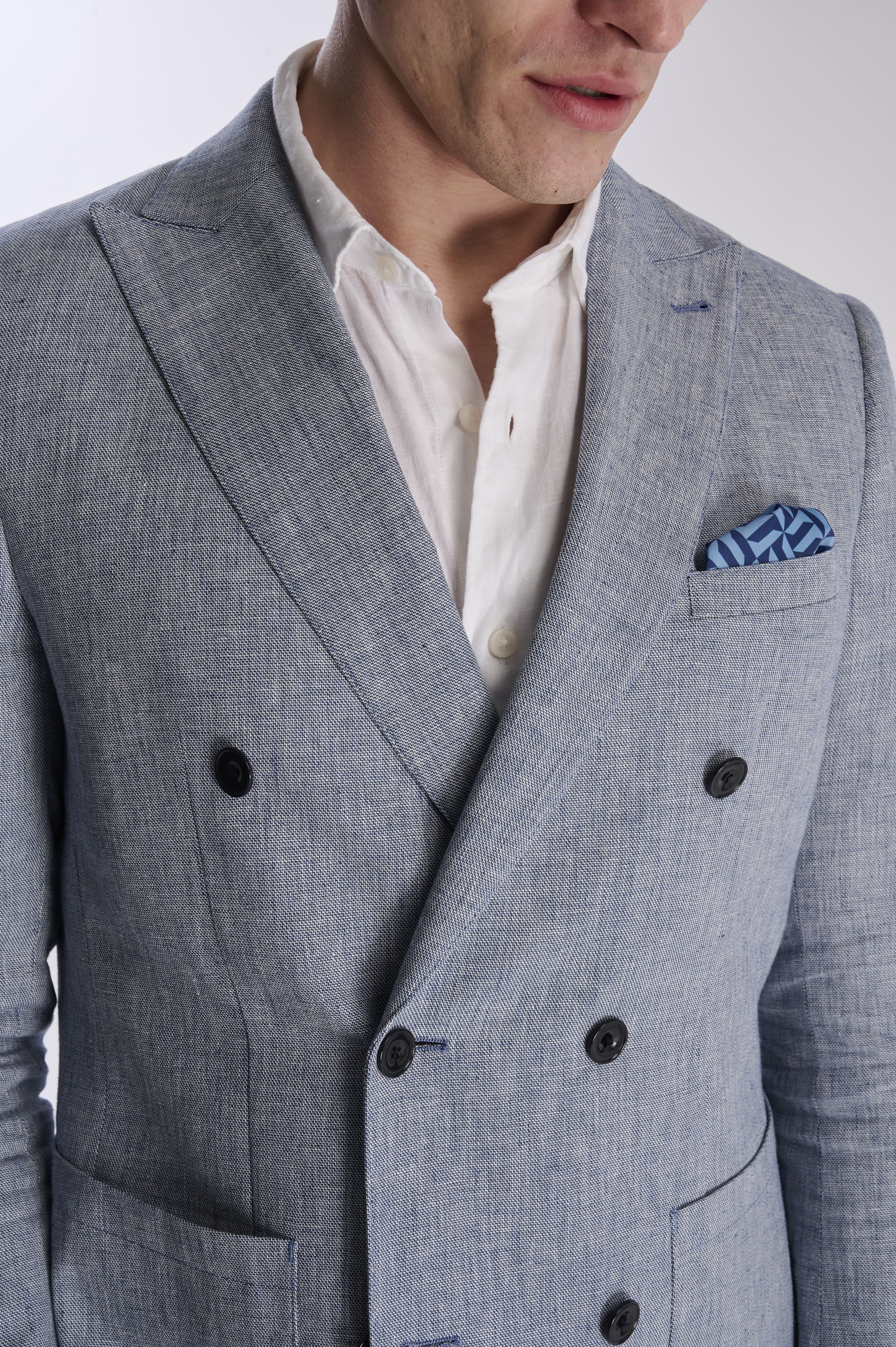 Giacomo Cotton Linen Double Breasted Suit Jacket in Chambray - Image 5