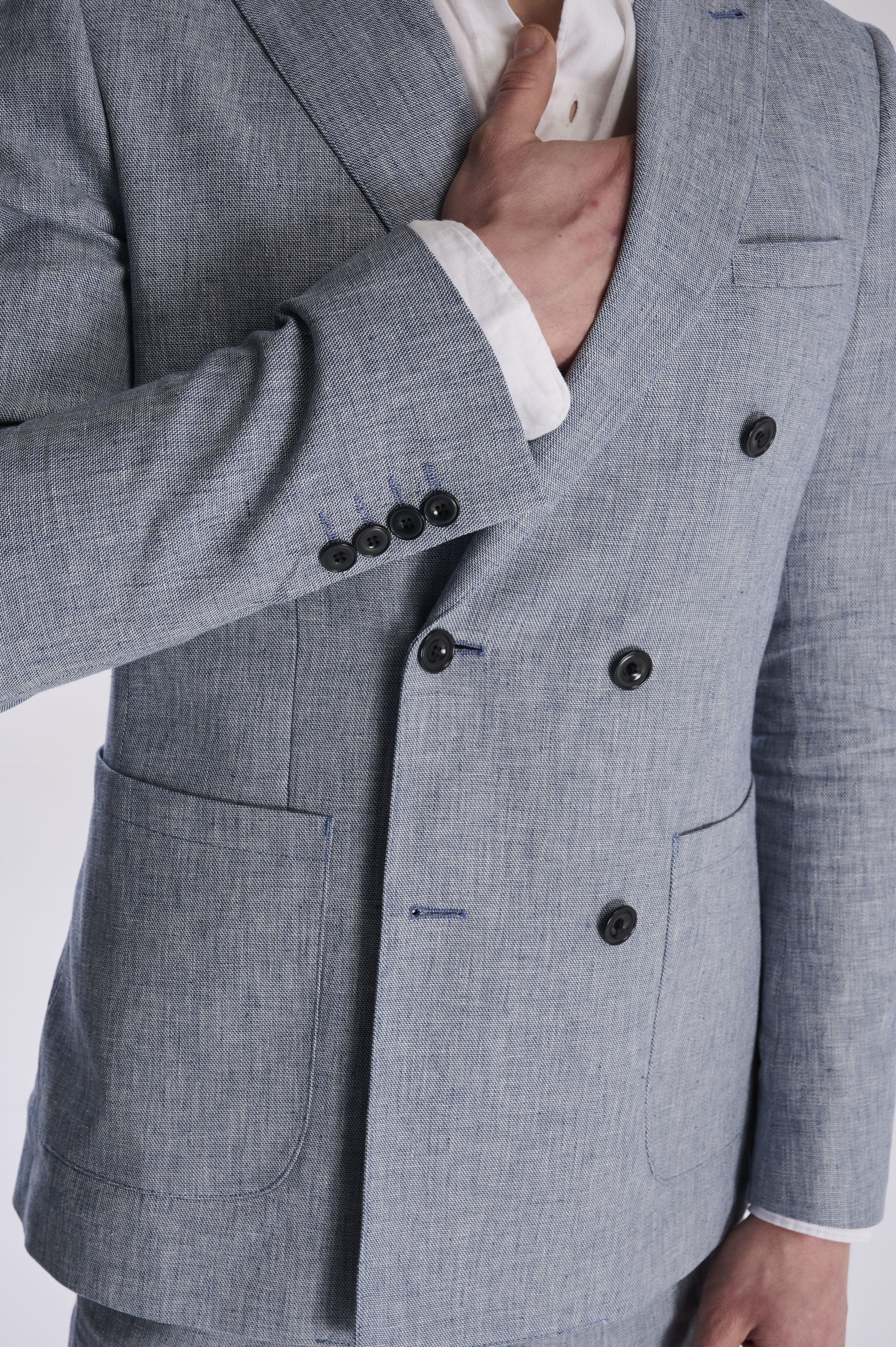 Giacomo Cotton Linen Double Breasted Suit Jacket in Chambray - Image 7