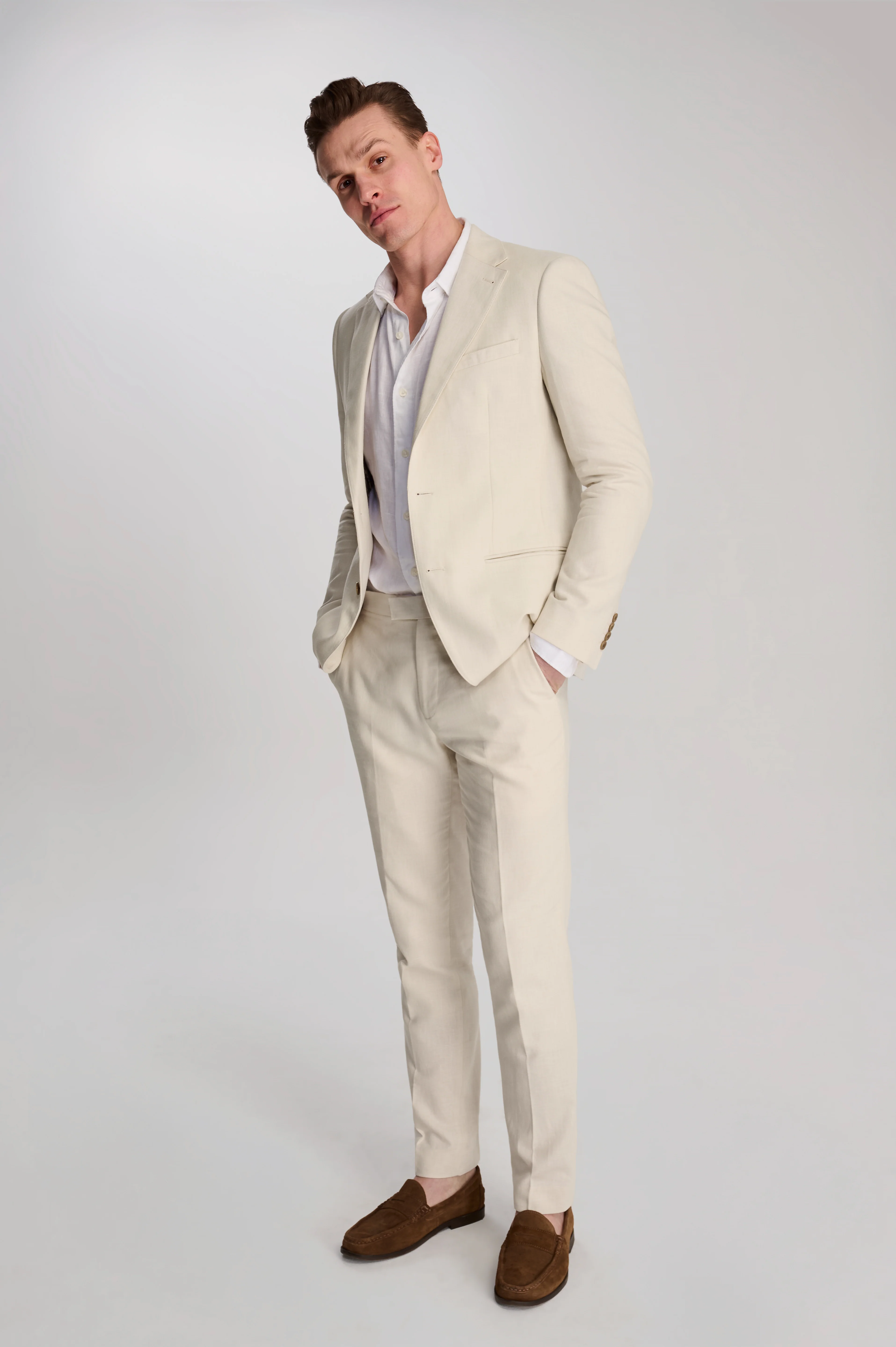 Giacomo Slim Fit Cotton Linen Suit Jacket in Stone - Image 3