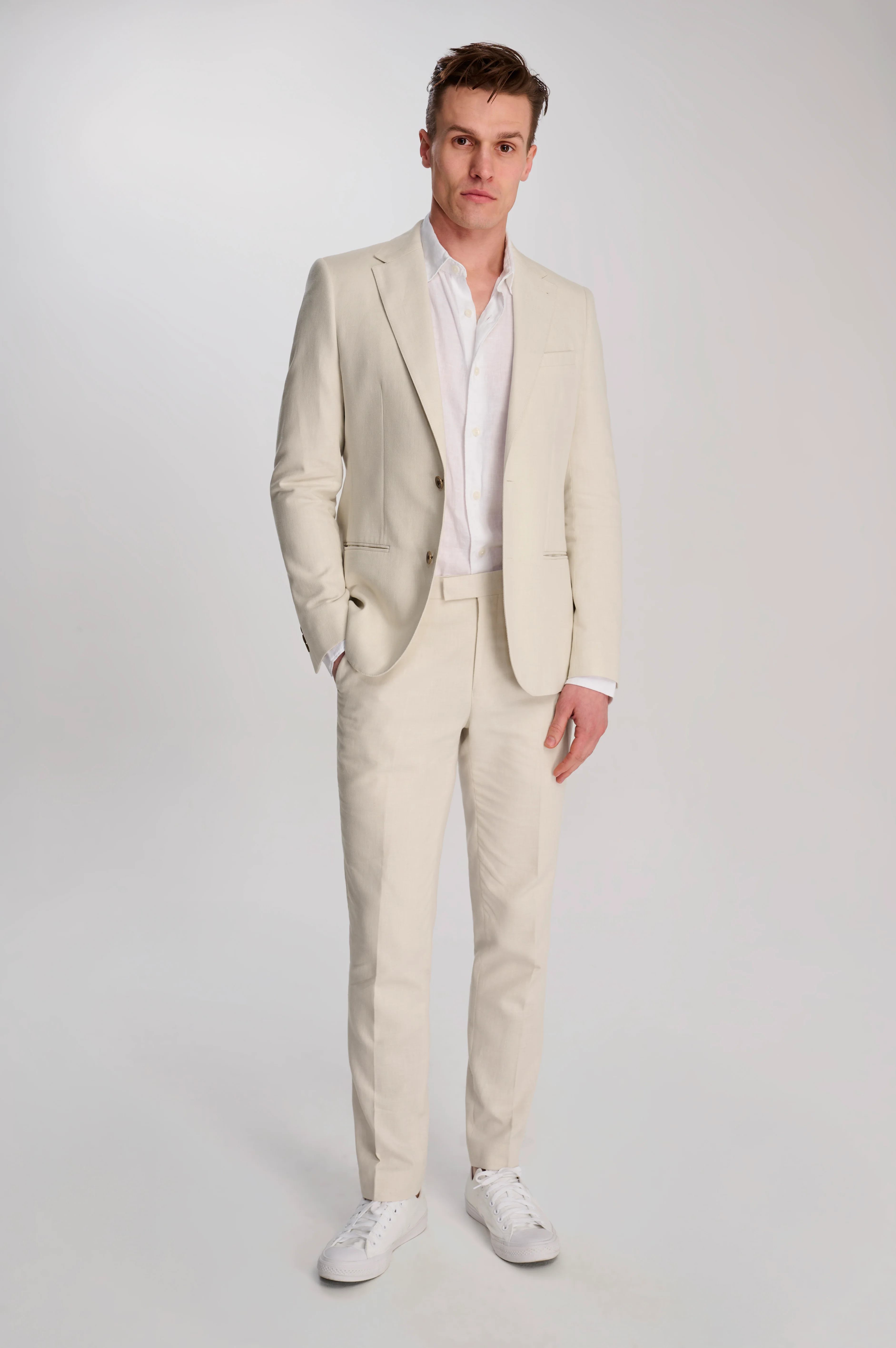 Giacomo Slim Fit Cotton Linen Suit Trousers in Stone - Image 5